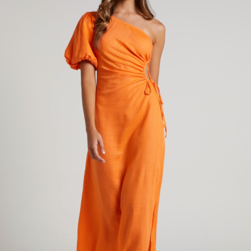 Showpo One-Shoulder Puff Sleeve Cut Out Midi Dress